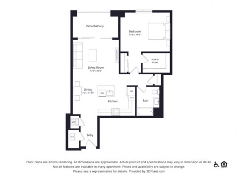 Floor plan for 1 bed, 1 bath, 896 sqft